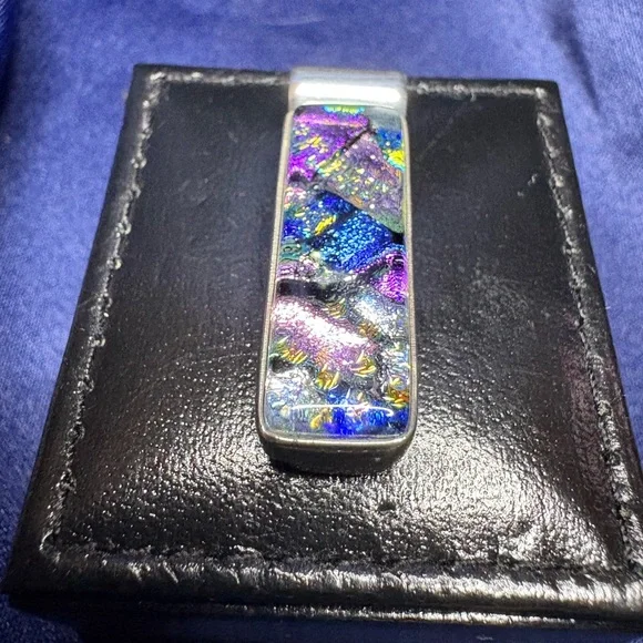 Pendant*Dichroic Glass 925 Solid Sterling Silver Setting Colorful Bar - Picture 9 of 11